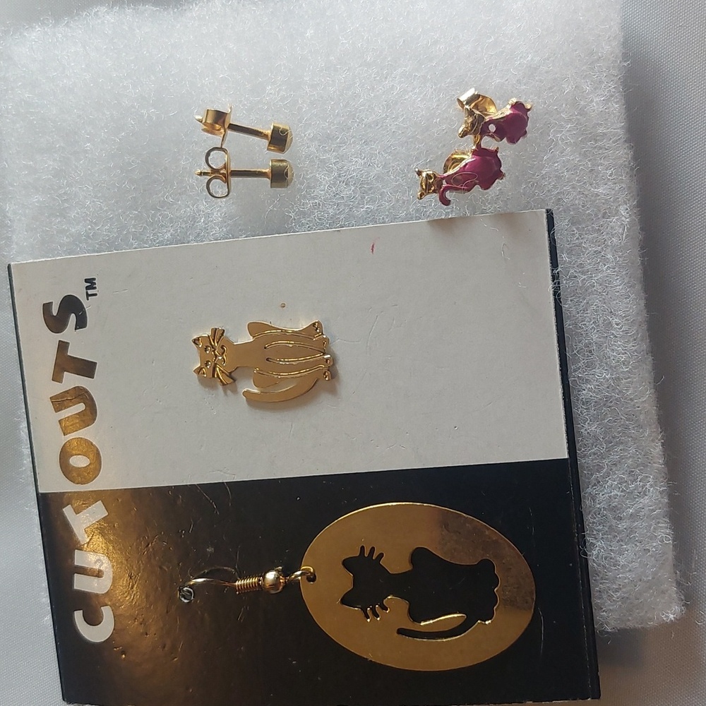 Gold Toned Pierced Earrings Lot of 3 Cut Out Cats, Pink Cats, Studs